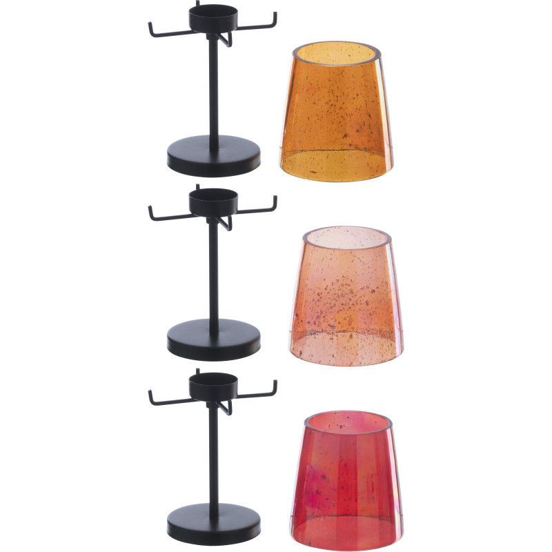 Lot de 3 Photophores sur pied rétro pop chic H 20 cm Verre Ambré Orange Rouge Métal Noir Lucéara 