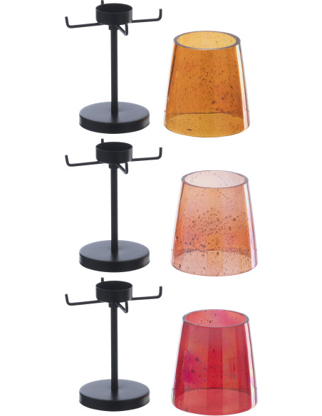 Lot de 3 Photophores sur pied rétro pop chic H 20 cm Verre Ambré Orange Rouge Métal Noir Lucéara 