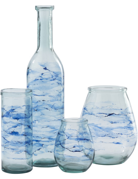 Grand Vase XXL bord de mer Bouteille H 75 cm Verre Bleu Motif vagues Marévial 