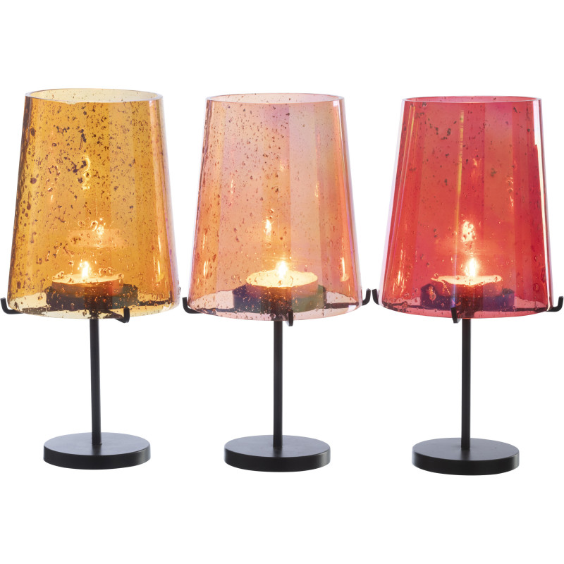 Lot de 3 Grand Photophores sur pied rétro pop chic H 30 cm Verre Ambré Orange Rouge Métal Noir Lucéara 