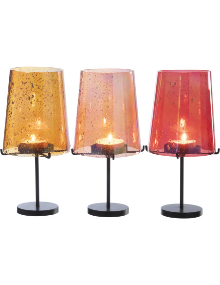 Lot de 3 Grand Photophores sur pied rétro pop chic H 30 cm Verre Ambré Orange Rouge Métal Noir Lucéara 