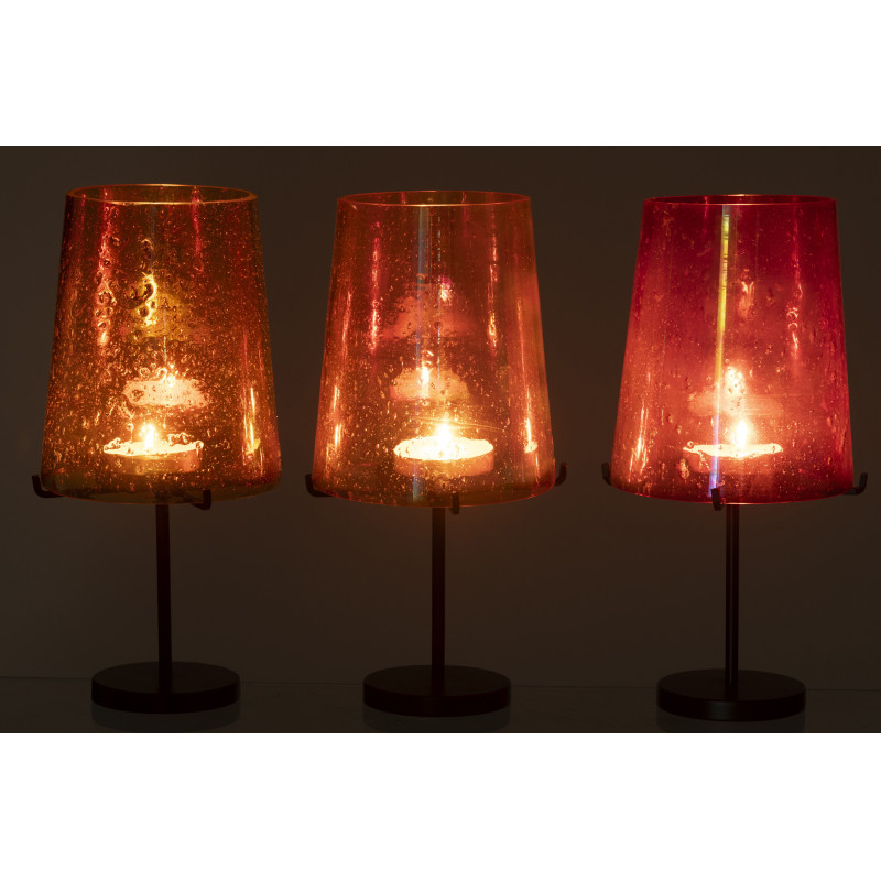 Lot de 3 Grand Photophores sur pied rétro pop chic H 30 cm Verre Ambré Orange Rouge Métal Noir Lucéara 