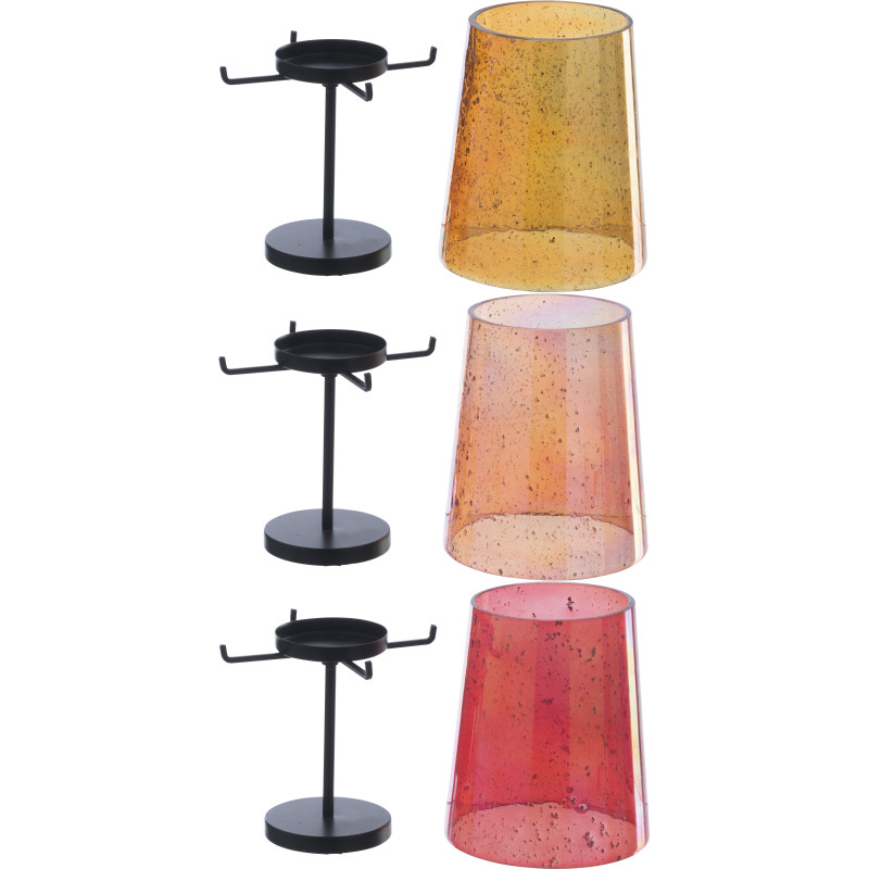 Lot de 3 Grand Photophores sur pied rétro pop chic H 30 cm Verre Ambré Orange Rouge Métal Noir Lucéara 