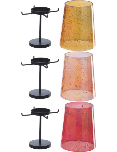 Lot de 3 Grand Photophores sur pied rétro pop chic H 30 cm Verre Ambré Orange Rouge Métal Noir Lucéara 