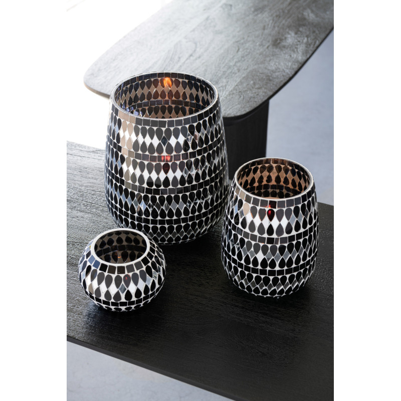 Bougeoir design art déco D 12 cm Verre Noir Argenté Mosaïque Noctysso 