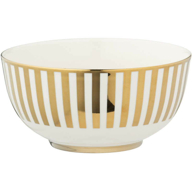 Bol petit déjeuner design chic Rond 14 cm Porcelaine Doré Blanc Motif rayures Orénia 
