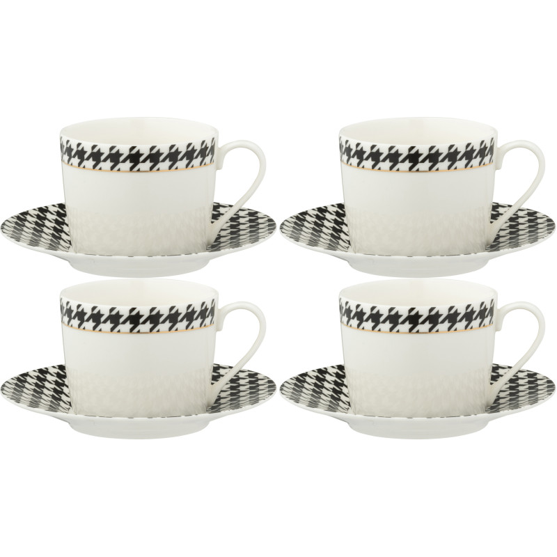 Lot de 2 Tasses à café moderne chic 220 ml Porcelaine Blanc Noir Motif pied-de-poule Modénia 