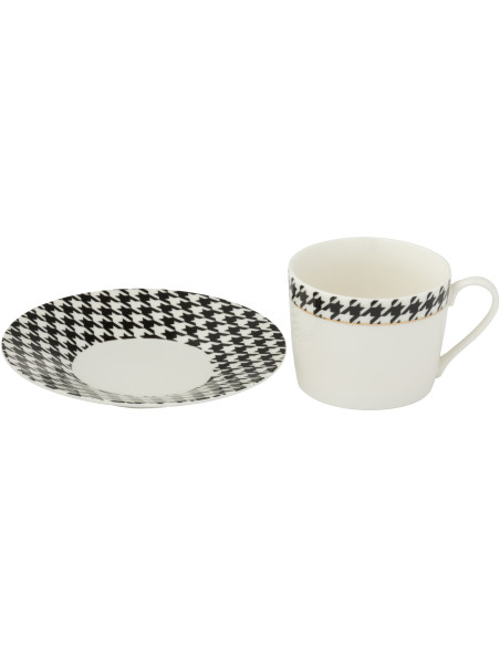 Lot de 2 Tasses à café moderne chic 220 ml Porcelaine Blanc Noir Motif pied-de-poule Modénia 