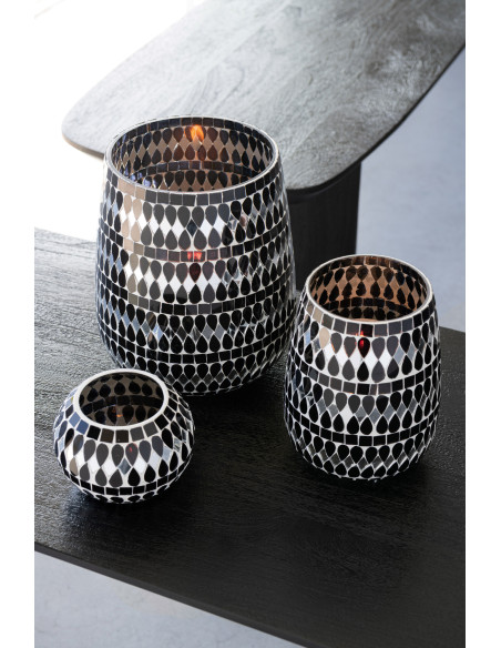 Grand Bougeoir design art déco D 17 cm Verre Noir Argenté Mosaïque Noctysso 