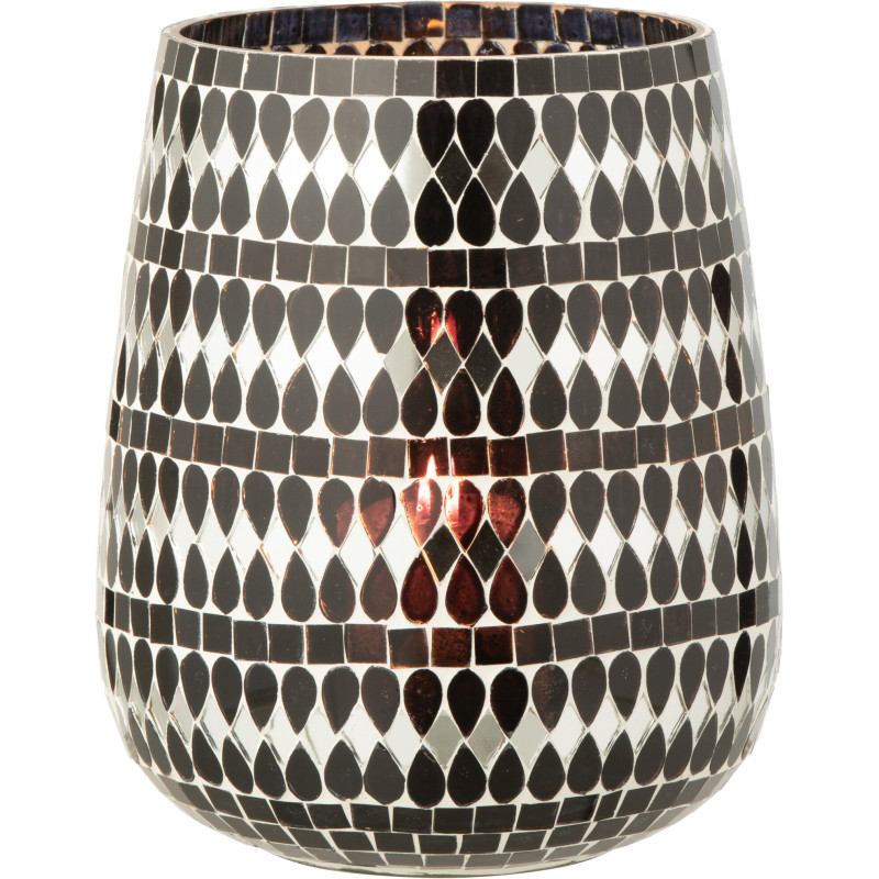 Grand Bougeoir design art déco D 17 cm Verre Noir Argenté Mosaïque Noctysso 