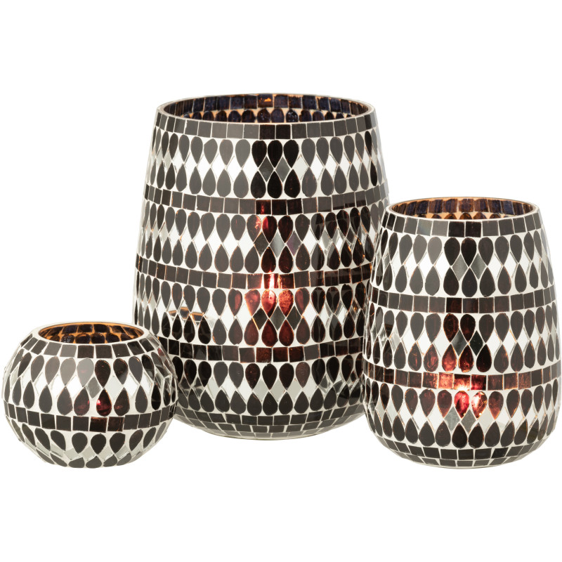 Grand Bougeoir design art déco D 17 cm Verre Noir Argenté Mosaïque Noctysso 