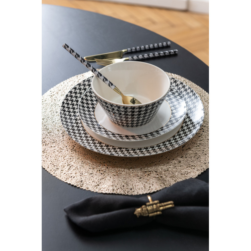 Lot de 2 Bols petit-déjeuner moderne chic Rond 570 ml Porcelaine Blanc Noir Motif pied-de-poule Modénia 