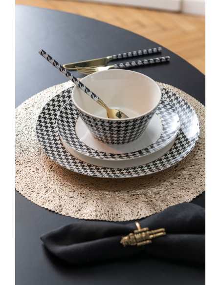 Lot de 2 Bols petit-déjeuner moderne chic Rond 570 ml Porcelaine Blanc Noir Motif pied-de-poule Modénia 