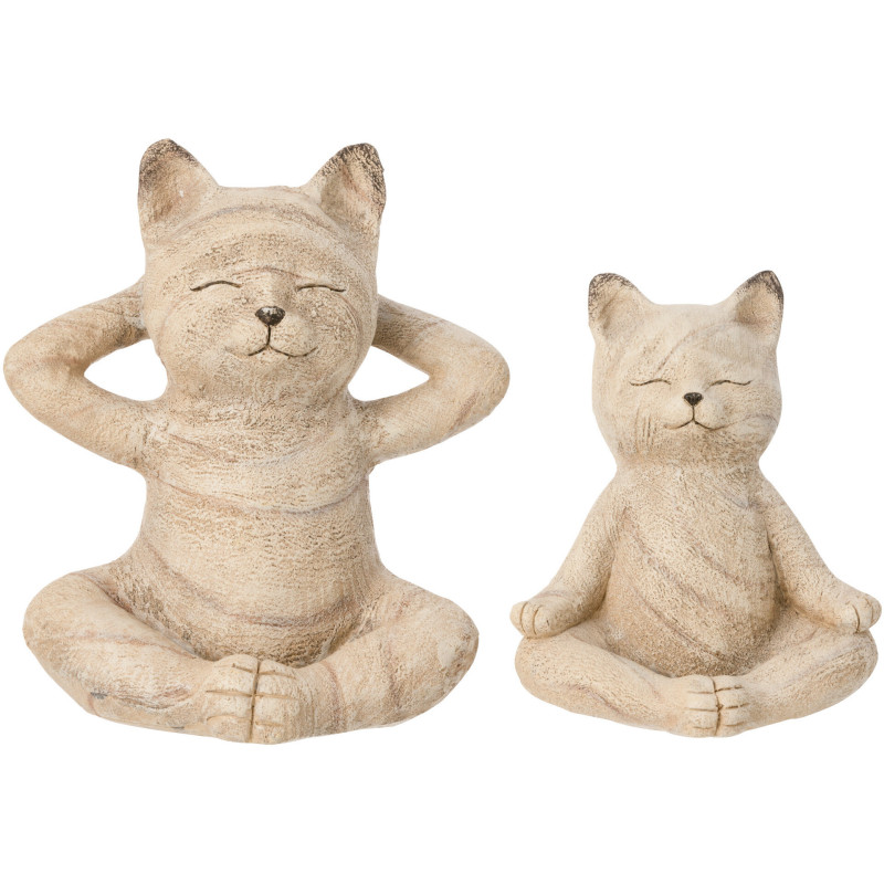 Lot de 2 Statuettes Chats Yoga Résine Beige Effet bois Aubélia 