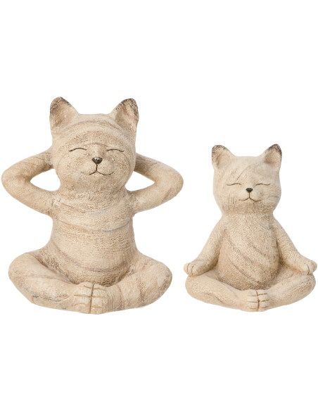Lot de 2 Statuettes Chats Yoga Résine Beige Effet bois Aubélia 