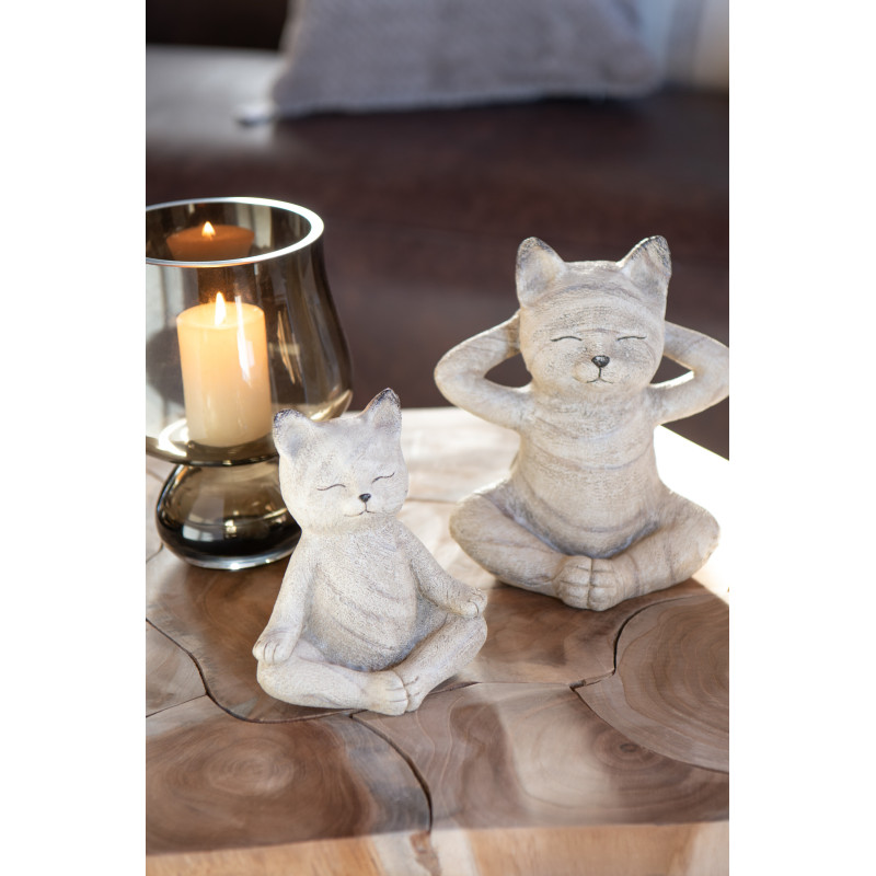 Lot de 2 Statuettes Chats Yoga Résine Beige Effet bois Aubélia 