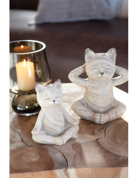 Lot de 2 Statuettes Chats Yoga Résine Beige Effet bois Aubélia 