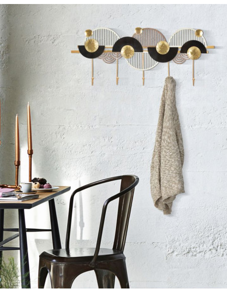 Porte manteaux design chic 5 crochets 73 cm Métal Doré Blanc Noir Art