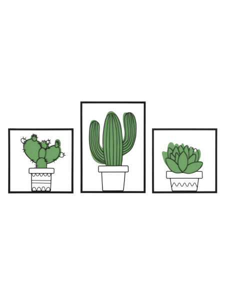 Lot de 3 Décoration murales design Plantes Grasses Métal Noir Vert Cactus