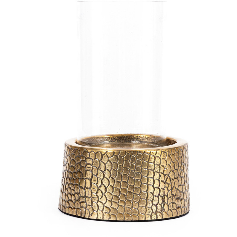 Photophore Rond Diamètre 14 cm en Verre Transparent Métal Doré Motif peau de crocodile The Croco 