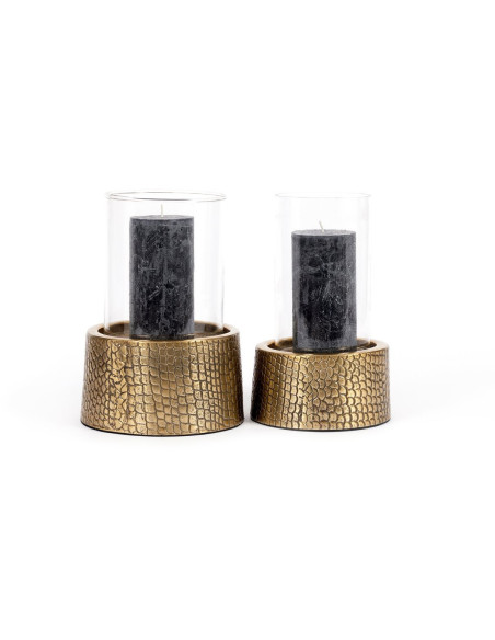 Photophore Rond Diamètre 14 cm en Verre Transparent Métal Doré Motif peau de crocodile The Croco 