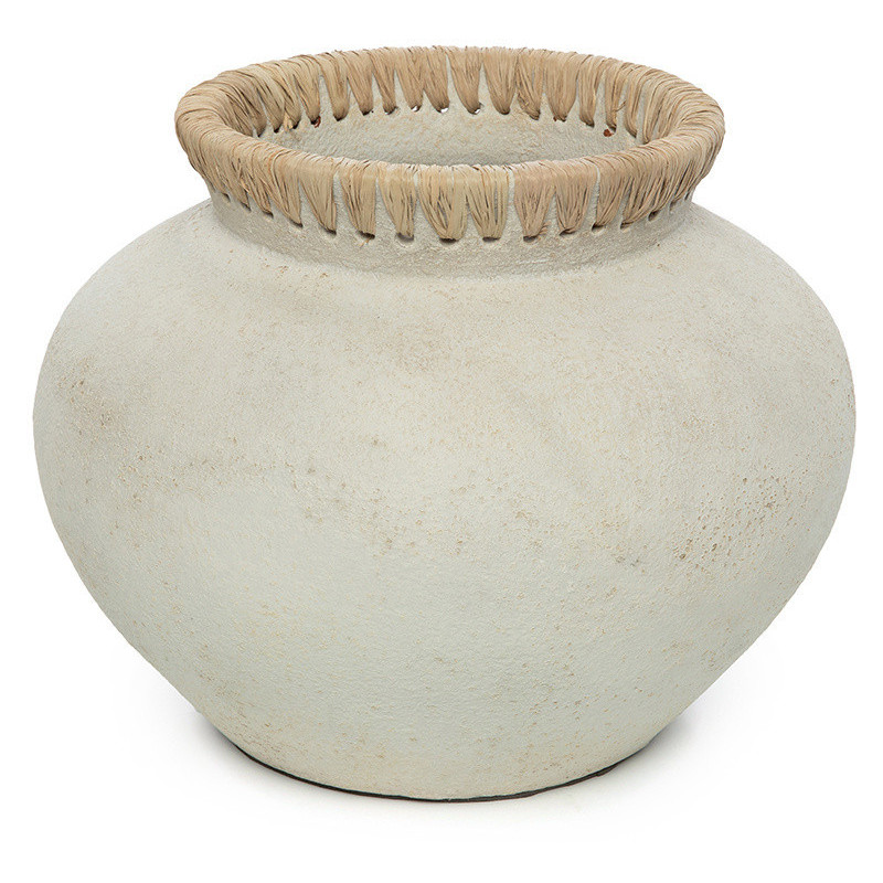 Vase Rond Hauteur 23 cm en Terre cuite Gris béton Raphia Naturel The Styly 