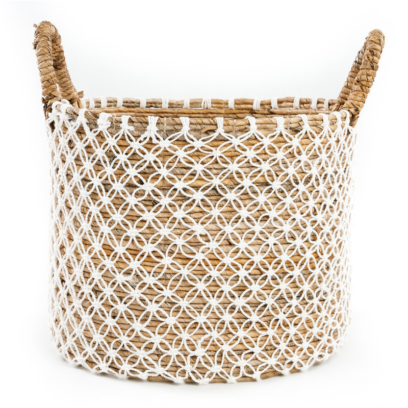 Panier de rangement original 2 poignées Rond 40x31 en Feuille de bananier Naturel Coton Blanc The Macrame 