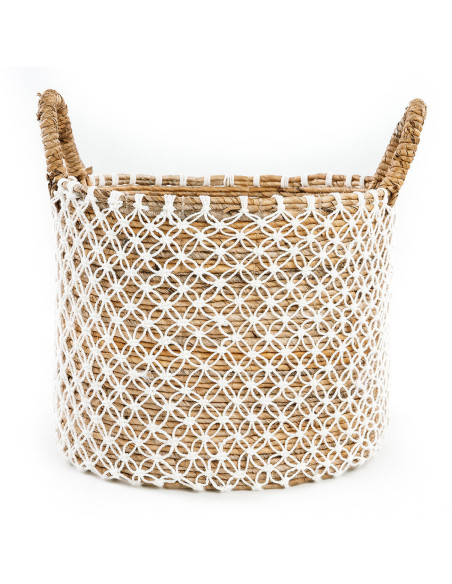 Panier de rangement original 2 poignées Rond 40x31 en Feuille de bananier Naturel Coton Blanc The Macrame 