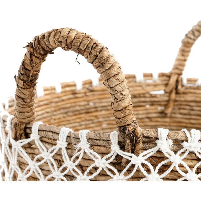 Panier de rangement original 2 poignées Rond 40x31 en Feuille de bananier Naturel Coton Blanc The Macrame 
