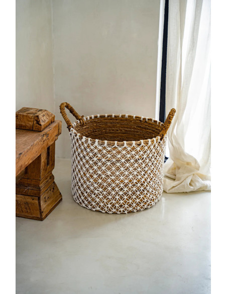 Panier de rangement original 2 poignées Rond 40x31 en Feuille de bananier Naturel Coton Blanc The Macrame 