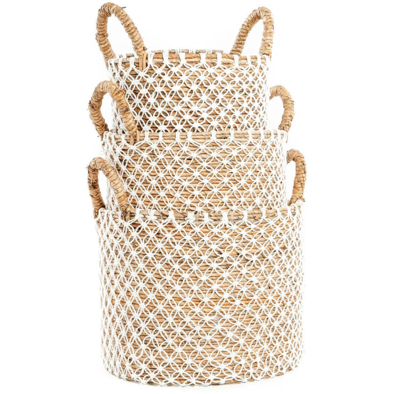 Panier de rangement original 2 poignées Rond 40x31 en Feuille de bananier Naturel Coton Blanc The Macrame 