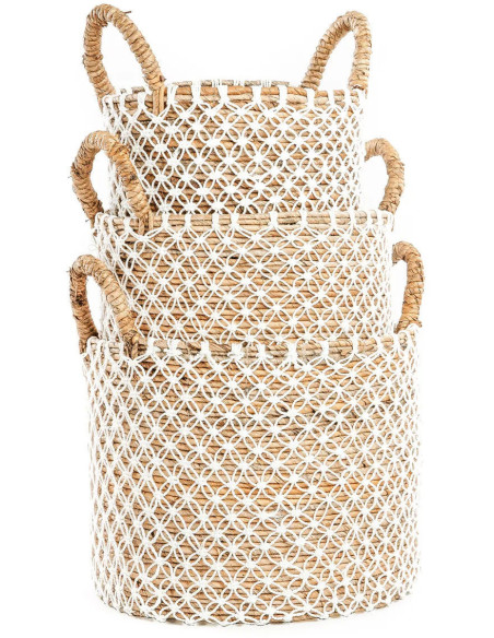 Panier de rangement original 2 poignées Rond 40x31 en Feuille de bananier Naturel Coton Blanc The Macrame 