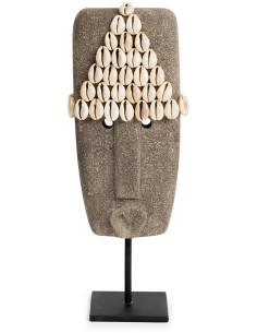 Sculpture déco primitive sur pied Hauteur 32 cm Grès Gris Coquillage Beige Métal Noir The Sumba Stone 