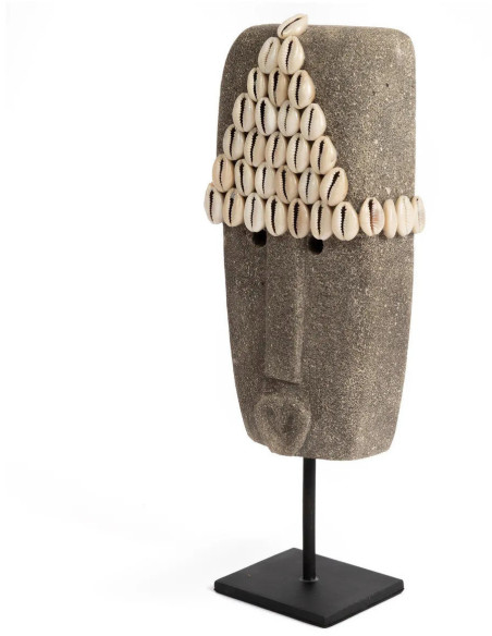 Sculpture déco primitive sur pied Hauteur 32 cm Grès Gris Coquillage Beige Métal Noir The Sumba Stone 