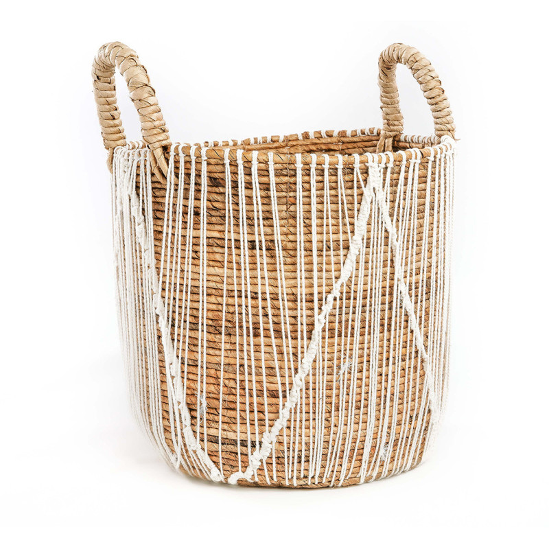 Panier de rangement bohème 2 poignées Rond 40 cm Feuille de bananier Naturel Tressé Coton Blanc The Straight Stitched Macrame 