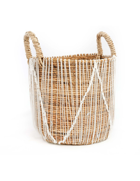 Panier de rangement bohème 2 poignées Rond 40 cm Feuille de bananier Naturel Tressé Coton Blanc The Straight Stitched Macrame 