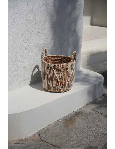 Panier de rangement bohème 2 poignées Rond 40 cm Feuille de bananier Naturel Tressé Coton Blanc The Straight Stitched Macrame 