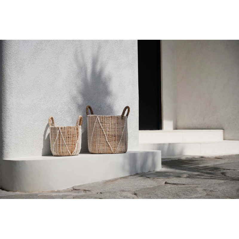 Panier de rangement bohème 2 poignées Rond 40 cm Feuille de bananier Naturel Tressé Coton Blanc The Straight Stitched Macrame 