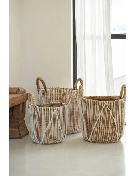 Panier de rangement bohème 2 poignées Rond 40 cm Feuille de bananier Naturel Tressé Coton Blanc The Straight Stitched Macrame 