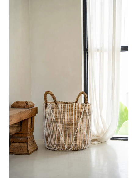 Panier de rangement bohème 2 poignées Rond 40 cm Feuille de bananier Naturel Tressé Coton Blanc The Straight Stitched Macrame 