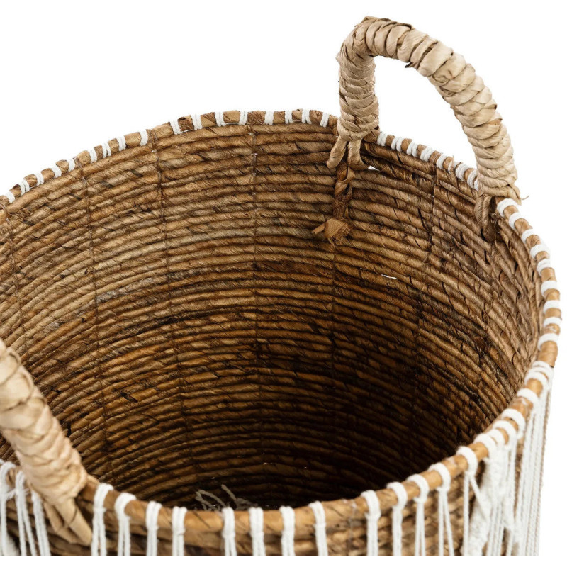 Panier de rangement bohème 2 poignées Rond 40 cm Feuille de bananier Naturel Tressé Coton Blanc The Straight Stitched Macrame 