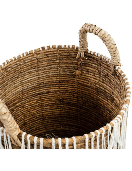 Panier de rangement bohème 2 poignées Rond 40 cm Feuille de bananier Naturel Tressé Coton Blanc The Straight Stitched Macrame 