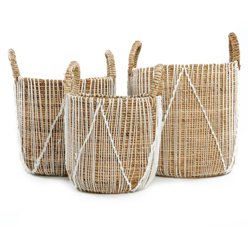 Panier de rangement bohème 2 poignées Rond 40 cm Feuille de bananier Naturel Tressé Coton Blanc The Straight Stitched Macrame 