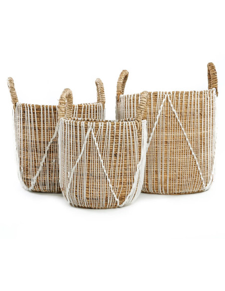 Panier de rangement bohème 2 poignées Rond 40 cm Feuille de bananier Naturel Tressé Coton Blanc The Straight Stitched Macrame 