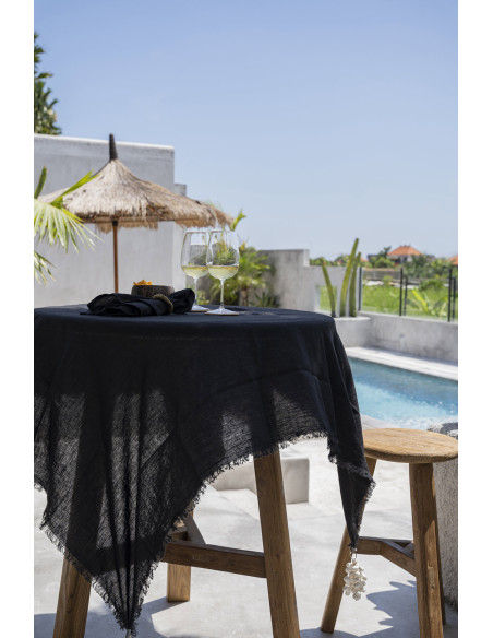 Nappe originale Bohème chic Carrée 150x150 en Lin Noir Avec franges The Linen 