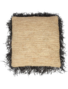 Housse de coussin XL Carrée 60x60 en Raphia Naturel Noir avec franges The Raffia Square 
