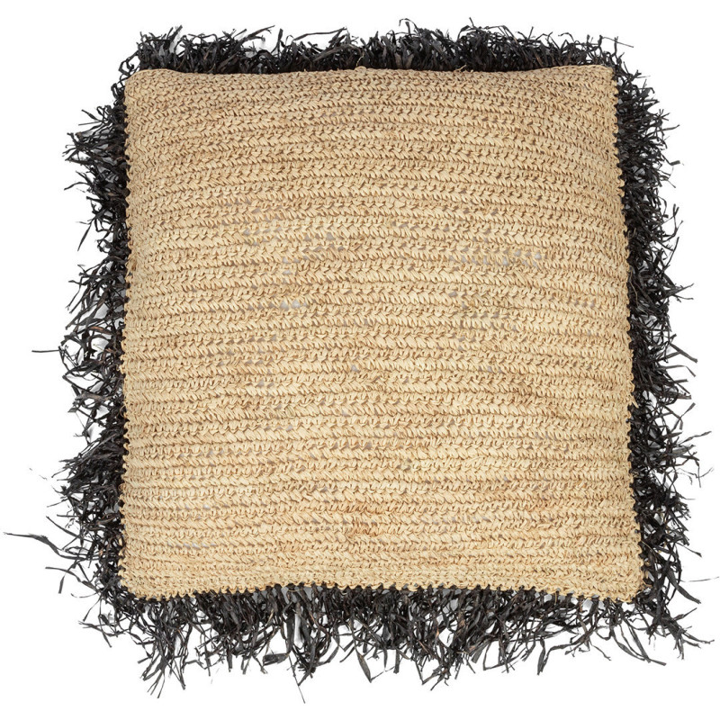 Housse de coussin XL Carrée 60x60 en Raphia Naturel Noir avec franges The Raffia Square 