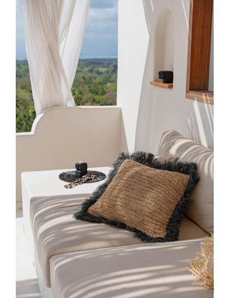 Housse de coussin XL Carrée 60x60 en Raphia Naturel Noir avec franges The Raffia Square 