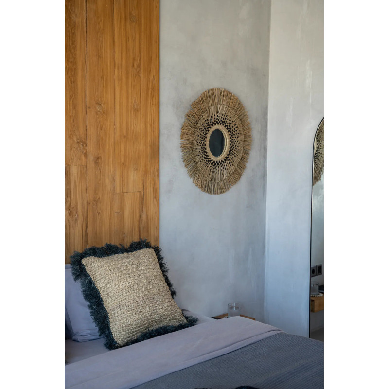 Housse de coussin XL Carrée 60x60 en Raphia Naturel Noir avec franges The Raffia Square 