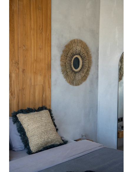 Housse de coussin XL Carrée 60x60 en Raphia Naturel Noir avec franges The Raffia Square 